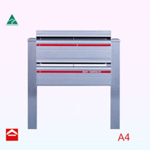 Front of Bank of 4 rear opening rectangular letterboxes on 65x65x 1500mm high square aluminium posts