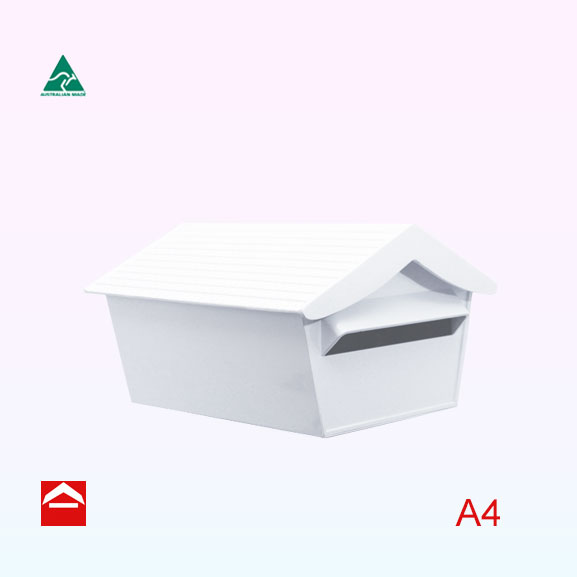 Alpine style letterbox with straight eve and cast tiled roof. The Alpine rear opening mail box has cast aluminium front and back plates. A4.