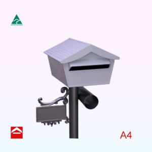 Alpine style letterbox on a 60mm round post with newspaper holder and number plate. Rear open.