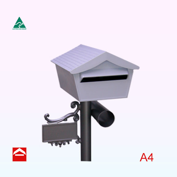 Alpine style letterbox on a 60mm round post with newspaper holder and number plate. Rear open.
