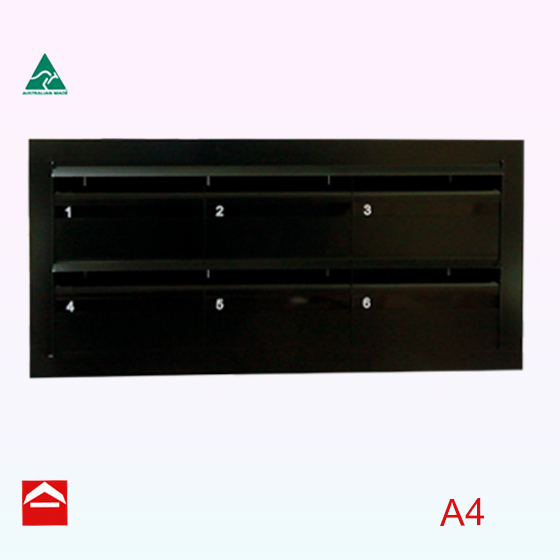 Front view of bank of 6 rear open with angle surround. 3wx2h. Narrow front and deep letterboxes