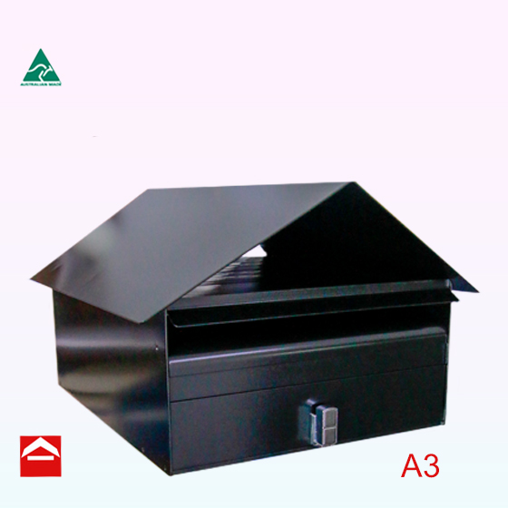 A3 front opening rectangular letterbox. 350mm wide x 450mm dee x 175mm high plus the roof which can hold newspapers.