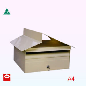 Front view of Brampton front opening Letterbox. 350mm wide x 350mm deep x 175mm high with a skillion style roof which is reversible.