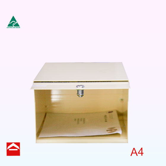 Front opening view of the Clayton A4 front opening with mail. 250mm wide x 390mm deep x 175mm high
