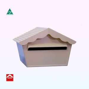 Chalet style letterbox with scalloped eve. Has tiled roof and cast aluminium front and back plates. Rear open. Not suitable for A4 mail.