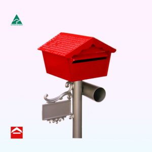 Chalet style letterbox with scalloped eve on a 60mm round post with number plate and newspaper holder