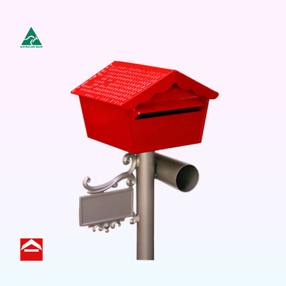 Chalet style letterbox with scalloped eve on a 60mm round post with number plate and newspaper holder