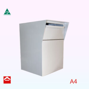 Rectangular rear opening mail/parcel chest with weather awning over chute