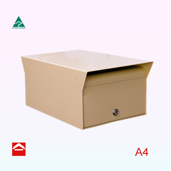 Front view of Clayton front opening letterbox with awnings front and rear. 250w x 175h x 395d