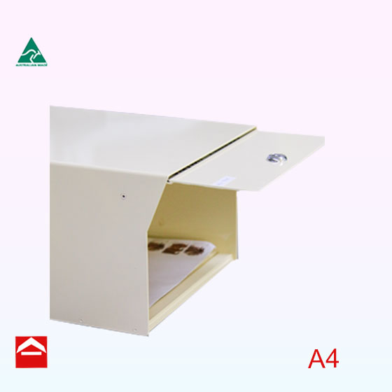 Angled front opening view of the Clayton A4 front opening with mail. 250mm wide x 390mm deep x 175mm high