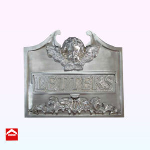 Solid cast brass front mail plate with an ornate letterbox slot and angel face at the top plated satin chrome