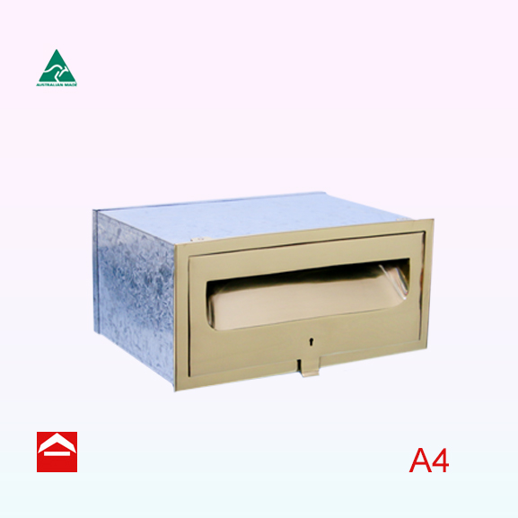 This is an image of polished brass front plate with mail slot and keylock door. Assembled behind the front plate is a galvanized fixed size sleeve with end enclosure