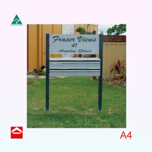 Bank of 8 rear open freestanding letterboxes with a sign above. 4w x 2h comes with posts
