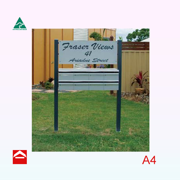 Bank of 8 rear open freestanding letterboxes with a sign above. 4w x 2h comes with posts
