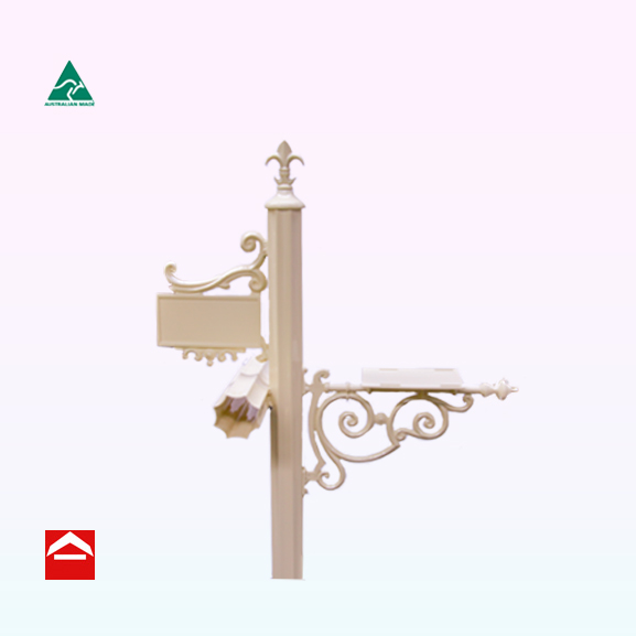 65mm fluted post with fleur de lys on top with scroll and mounting bracket to the right and newspaper holder and number plate to the left