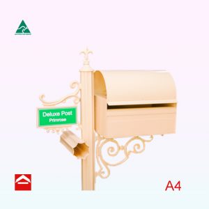 A4 rectangular letterbox rear open with a dome roof mounted on a scroll bracket to the right of a central 65mm fluted post. Atop the post is a fleur de lys. To the left of the central post is a small scroll with number plate and newspaper holder.