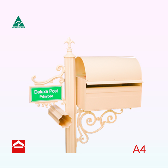 A4 rectangular letterbox rear open with a dome roof mounted on a scroll bracket to the right of a central 65mm fluted post. Atop the post is a fleur de lys. To the left of the central post is a small scroll with number plate and newspaper holder.
