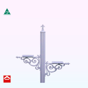 Duplex letterbox post, 84mm central fluted post with fleur de lys atop and two letterbox mounting brackets with scroll work, one each side of the central post.