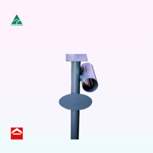 60mm round tube with oval number plate and 90mm round newspaper paper holder to the right with mounting plate on top