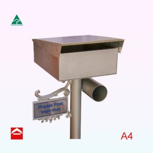 Rectangular letterbox with top opening lid and keylock on the back. Mounted on a Royale post which consists of a 60mm central round post and 90mm round paperholder to the right with a small scroll number plate to the left. This example has an engraved plate on the number plate, it is an additional cost and does not normally come with the post.