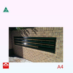 Image of a bank of front open letterboxes with flush mounted with flange and a double parcel area.