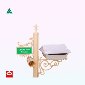 Square top open letterbox with criss cross and gum leaf design mounted on a scroll bracket to the right of a 84mm fluted post. Atop the fluted post is a fleur de lys. To the left of the post is a small scroll number plate and a newspaper holder below that.
