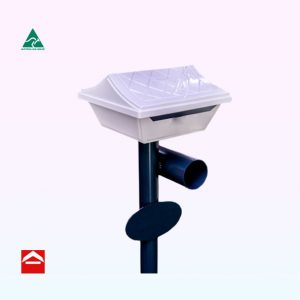 Gumleaf Econo square cast aluminium letterbox with gumleaf design on lid mounted on a 60mm round post with newspaper holder and oval number plate
