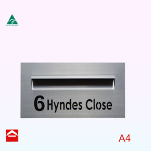 Image of stainless steel front plate with weather hood and mail slot with laser cutting and black backing plate