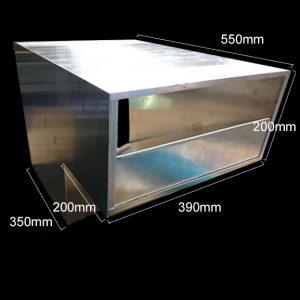 This is an image of a custom designed besser block parcel letterbox mill finished (no powder coate colour) showing the aluminium letterbox that sits behind a stainless steel front plate and the dimensions of the parcel letterbox.