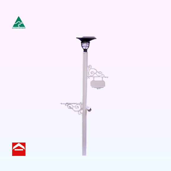 84mm fluted central post with solar panel light on top. To the right is scroll work with hanging number plate and newspaper holder. To the left is scroll work and mounting plate.