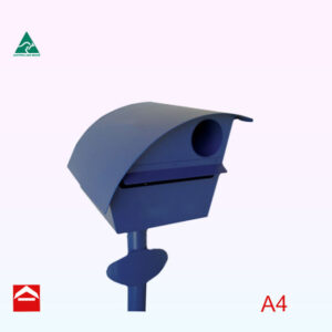 image of a medieval bohemia with a curved roof and inbuilt newspaper holder. Sitting on top of 50mm round post with oval number plate