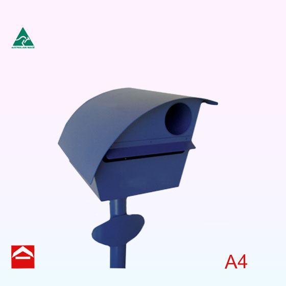 image of a medieval bohemia with a curved roof and inbuilt newspaper holder. Sitting on top of 50mm round post with oval number plate