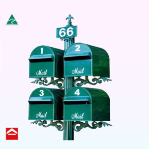 4 Treasure letterboxes on central 85mm fluted post with fleur de lys and number plate