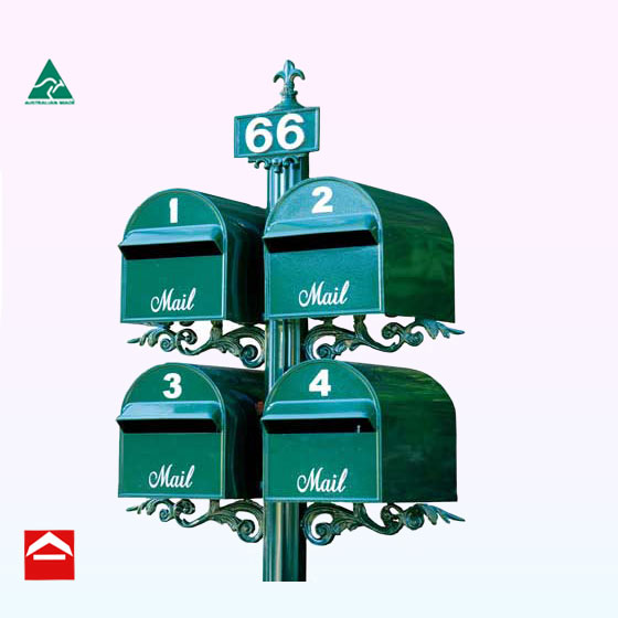 4 Treasure letterboxes on central 85mm fluted post with fleur de lys and number plate