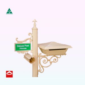 Square top opening letterbox with tiered roof mounted on a scrolled bracket to the right of a central 65mm fluted post. Atop the fluted post is a fleur de lys. To the left is the small number plate and newspaper holder