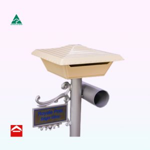 Square top open letterbox with tiered roof mounted atop a 60mm round post. To the right of the round post is a 90mm round paper holder and to the left is a small scroll number plate.