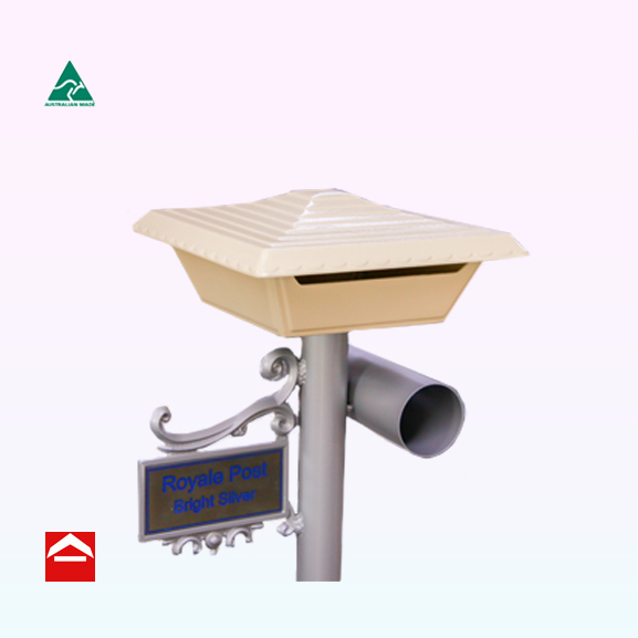 Square top open letterbox with tiered roof mounted atop a 60mm round post. To the right of the round post is a 90mm round paper holder and to the left is a small scroll number plate.