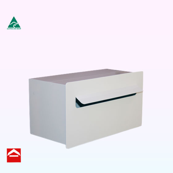 Front view of the Valerie-Helena rear opening rectangular letterbox 390mm wide x 200mm high x 200mm deeplate with fold out mail slot.