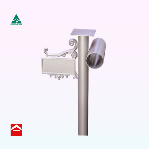 60mm round central post with mounting plate on top. 90mm round newspaper holder to right with small scroll number plate to left