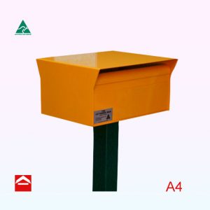Ruben Streamline rear opening rectangular letterbox with awning front and rear. Mounted on a 65x65 square post.