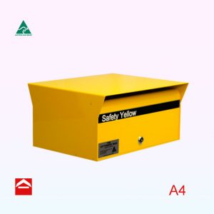 Rectangular letterbox in landscape orientation with a hood over the front and rear. Ruby front opening 350w x 250d x 175h