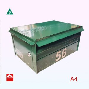 Rectangular A4 Solange left side opening letterbox. Mail goes in the front and retrieved from the left side.