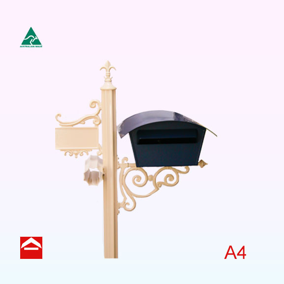A4 letterbox with curved roof on 65mm fluted central post with scroll and mounting bracket to the right and newspaper holder and small number plate to the left.