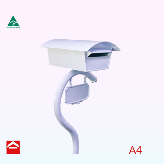A4 rectangular rear opening letterbox with dome roof on a question mark post