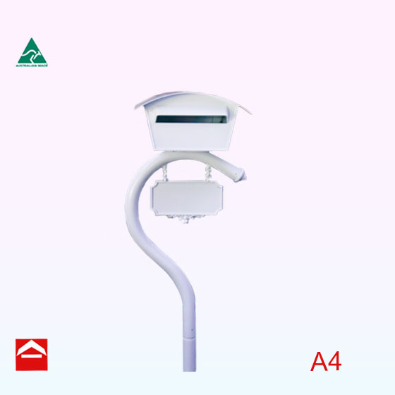 A4 rectangular rear opening letterbox with dome roof on a question mark post