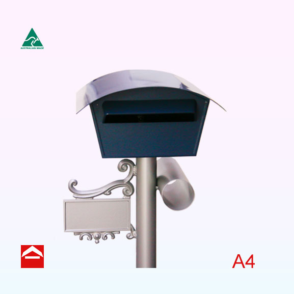 A4 letterbox with curved roof mounted on top of 60mm round post with newspaper holder to right and number plate to left