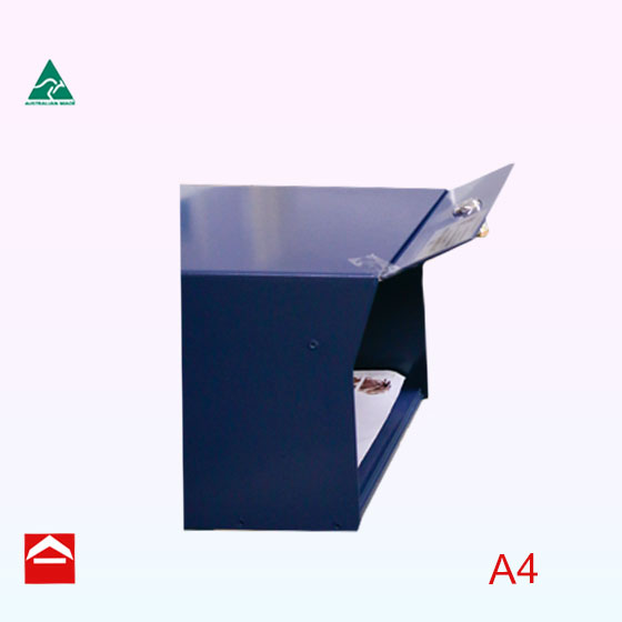 Angled rear opening view of the Thea A4 rear opening with mail inside. 250mm wide x 390mm deep x 175mm high.