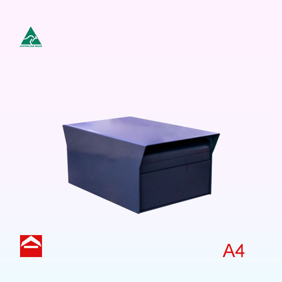 Rectangular Thea rear opening letterbox with a hood on the front and and rear. 250w x 395d x 175h. A4.