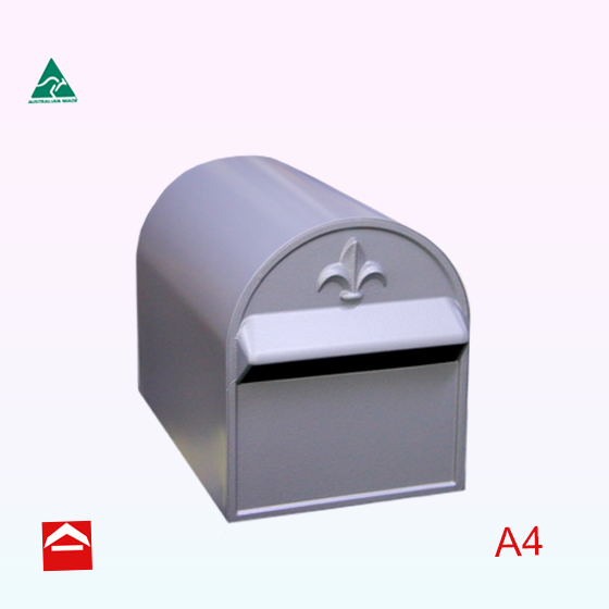 A4 rear open half barrel letterbox with fleur de lys on the front.