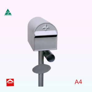 A4 sized rear open letterbox with half barrel roof atop a 60mm round post with newspaper holder and oval number plate.